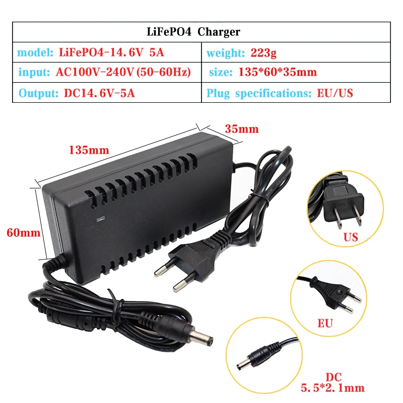 14.6V 5A LiFePO4 Charger 4S 12.8V Lifepo4 battery pack charger Smart power off AC100-240V DC5.5*2.1/2.5mm Plug +Crocodile clip