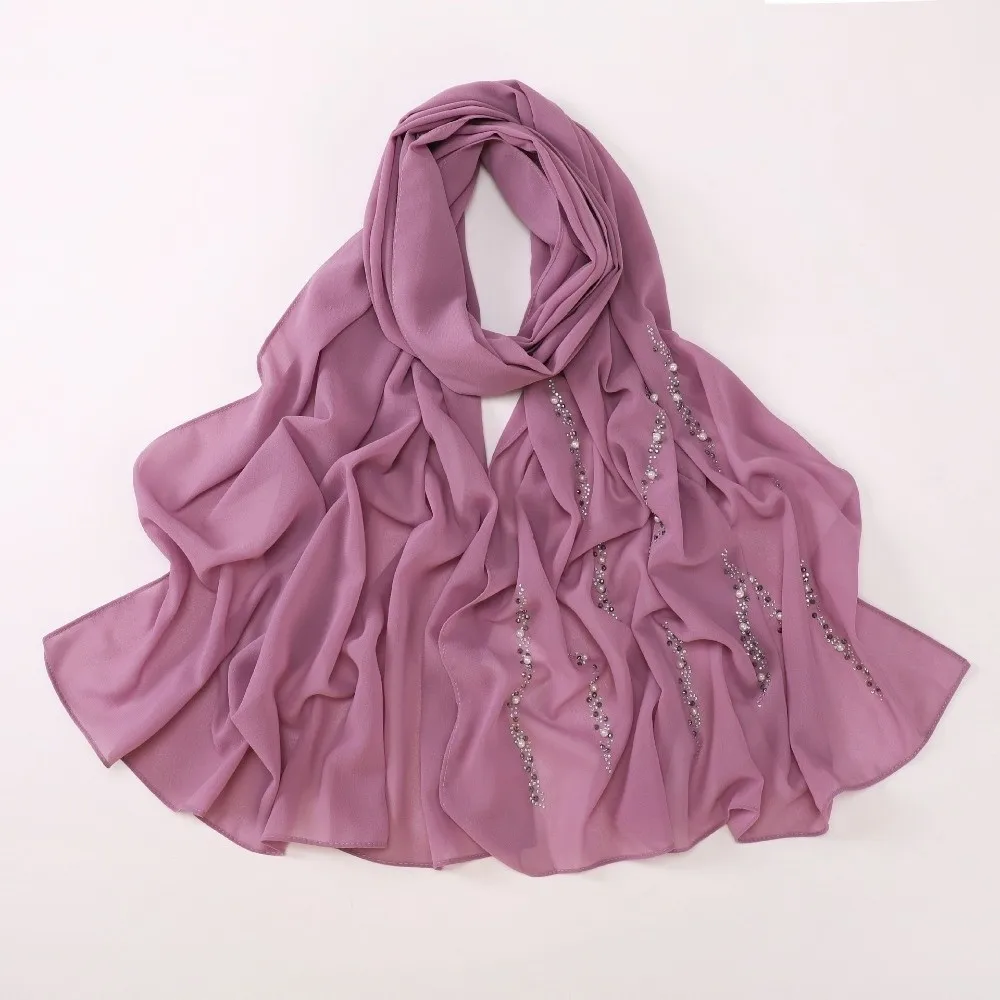Rhinestone Imitation Pearl Chiffon Hijab Shimmer Beads Lightweight Malaysia Shawl Scarf Breathable Elegant Soft Head Wrap