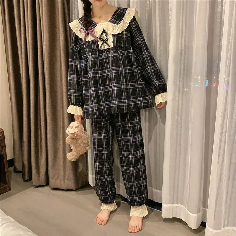 Conjunto pijama de renda estilo coreano para mulheres, pijamas xadrez com gola de boneca manga longa, doce terno solto, primavera