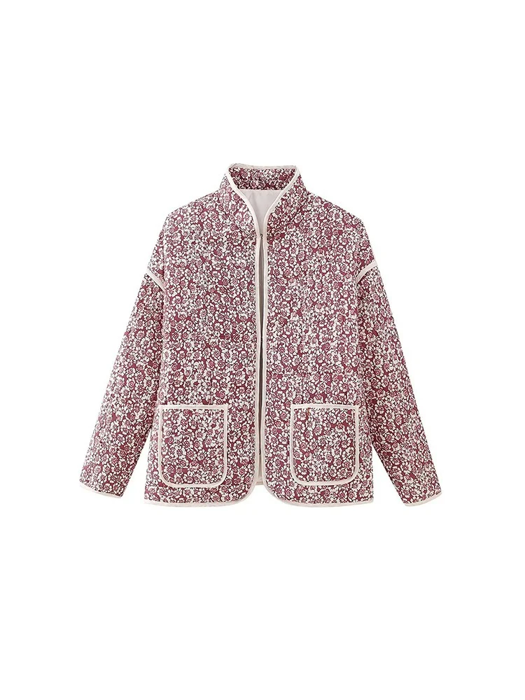 

Women's Warm Long Sleeve Jacket Cotton Jacket Crushed Printed Cardigan Stand Up Jacket Street Retro Women's Casual Jacket