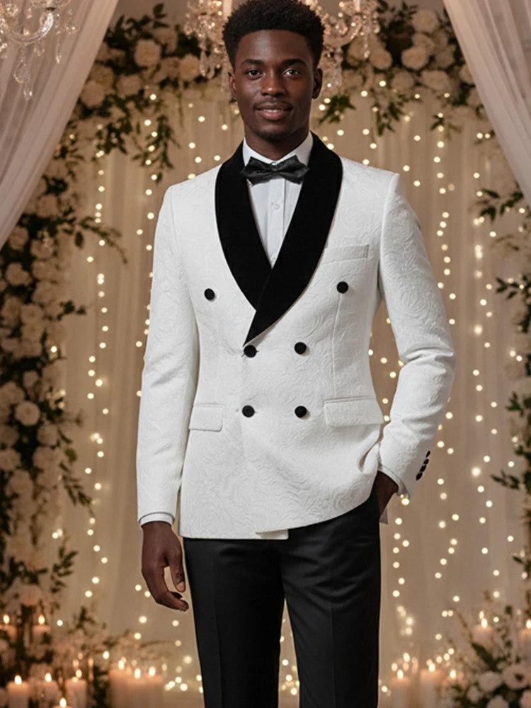 Double-breasted Groom's Wedding 2 Piece Set Men's White Slim Fit Leisure Tasdo Shawl Collar‌ Evening Gown Men's Suits