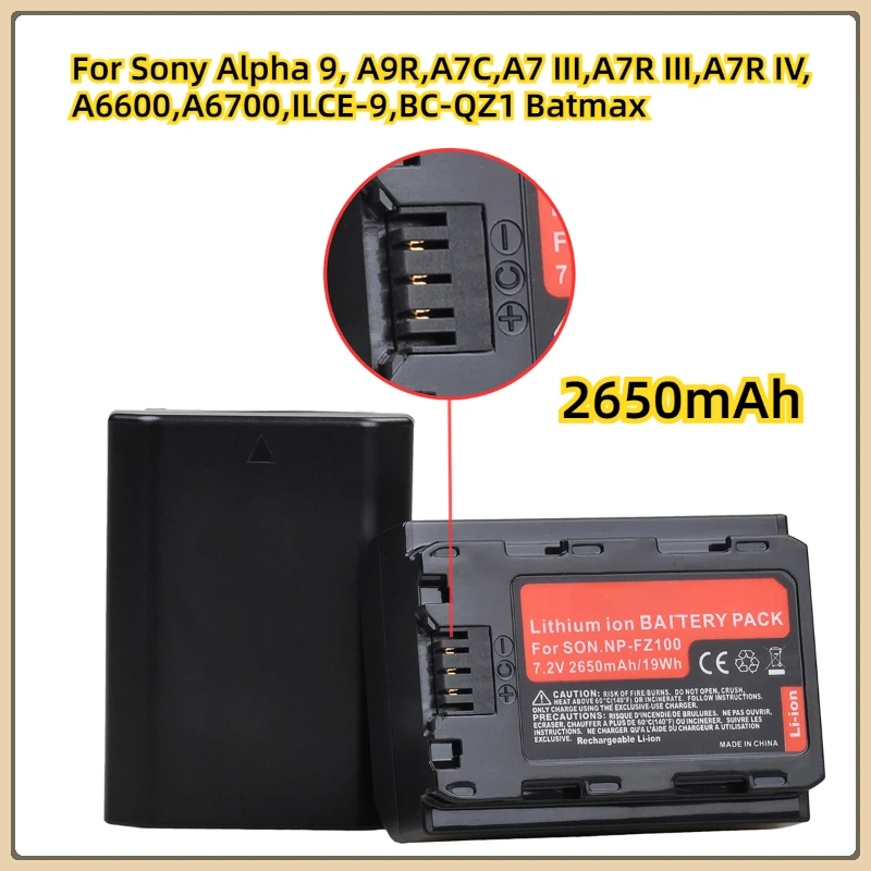 

For Sony Alpha 9, A9R,A7C,A7 III,A7R III,A7R IV,A6600,A6700,ILCE-9,BC-QZ1 Batmax 2650mAh NP-FZ100 NP FZ100 Camera Battery