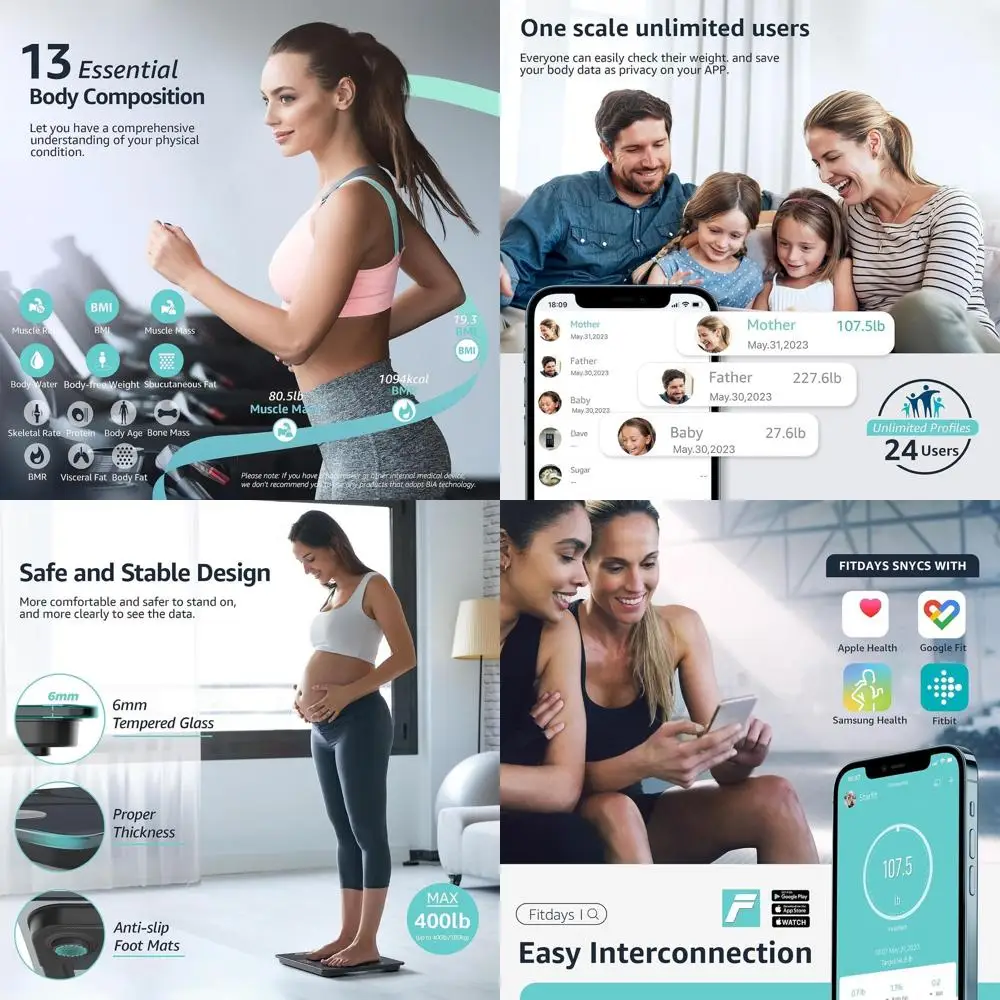 

Цифровые весы для анализа состава тела с 13 показателями показателей здоровья, грузоподъемность 400 фунтов, черные