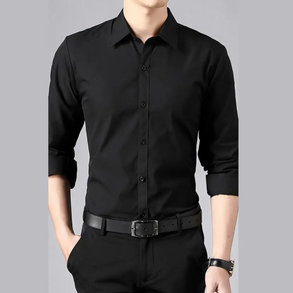 Men Shirt Lapel Collar Long Sleeve White Men Shirt Breathable Slim Fit Black Business Shirt Classic Solid Color Shirts Workwear