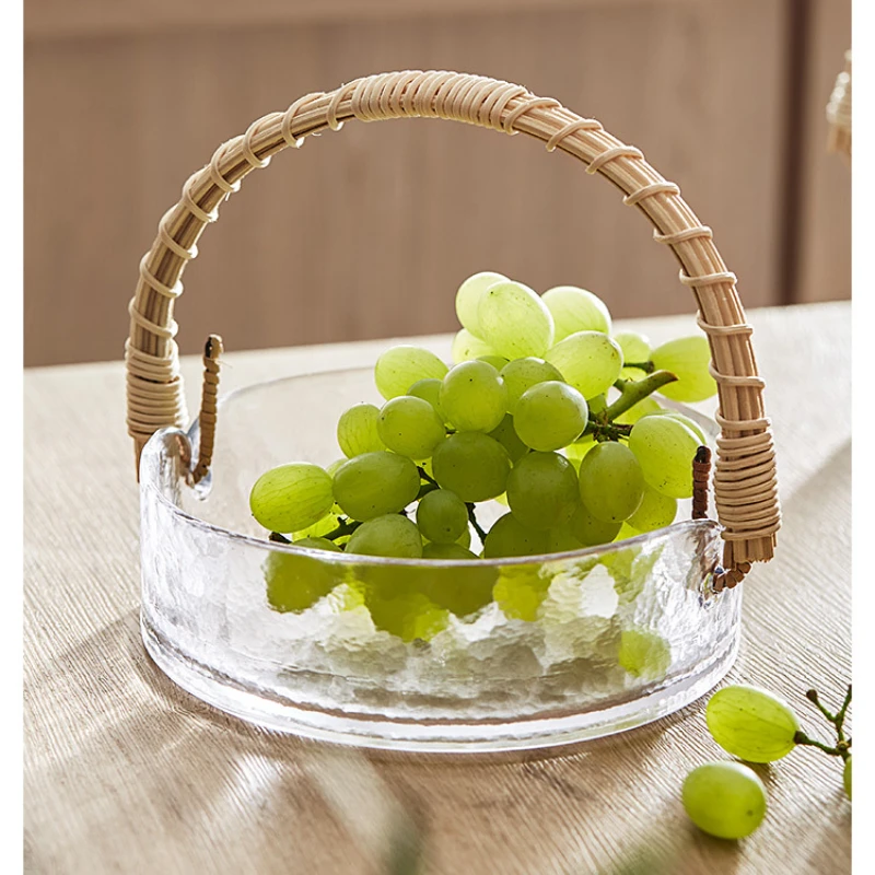 

Rattan Hand-held BasketCreative Glass Fruit Plate Living Room Household Simple Exquisite Snack Tray Japanese Ice Bucket Storage