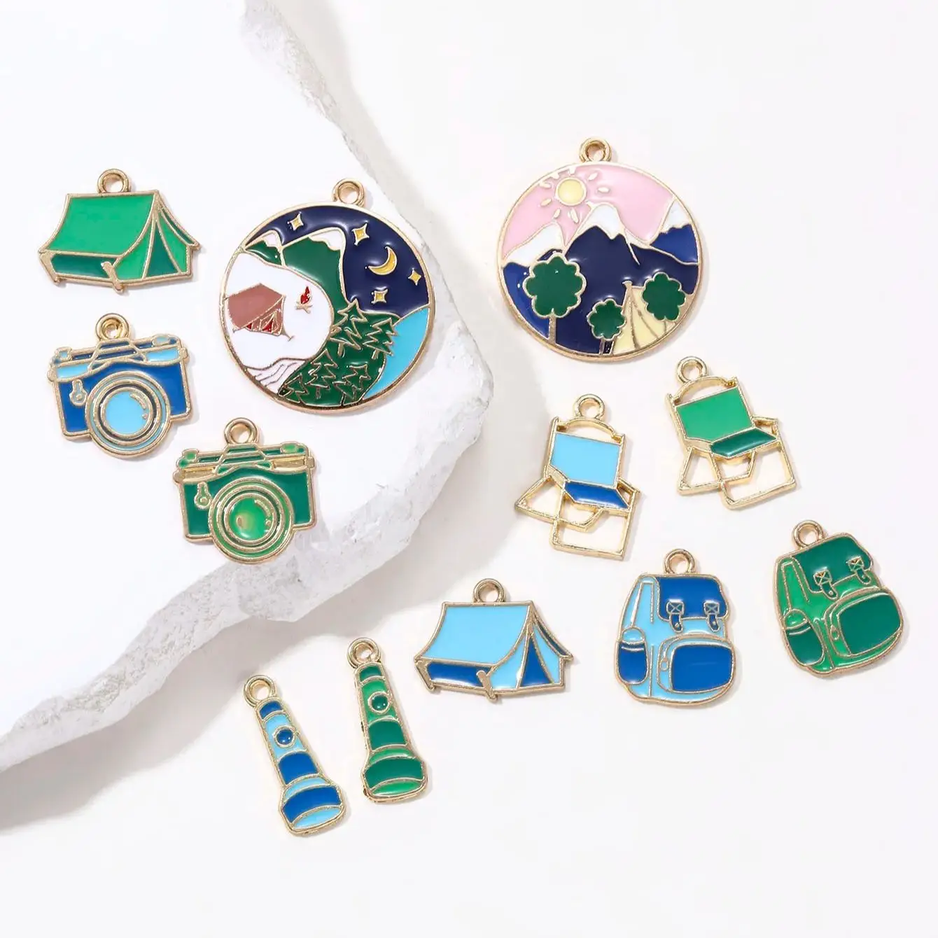 10pcs Cartoon Camera Tent Flashlight Enamel Charms Cute Wilderness Camping Series Pendants For DIY Necklace Jewelry Good Making