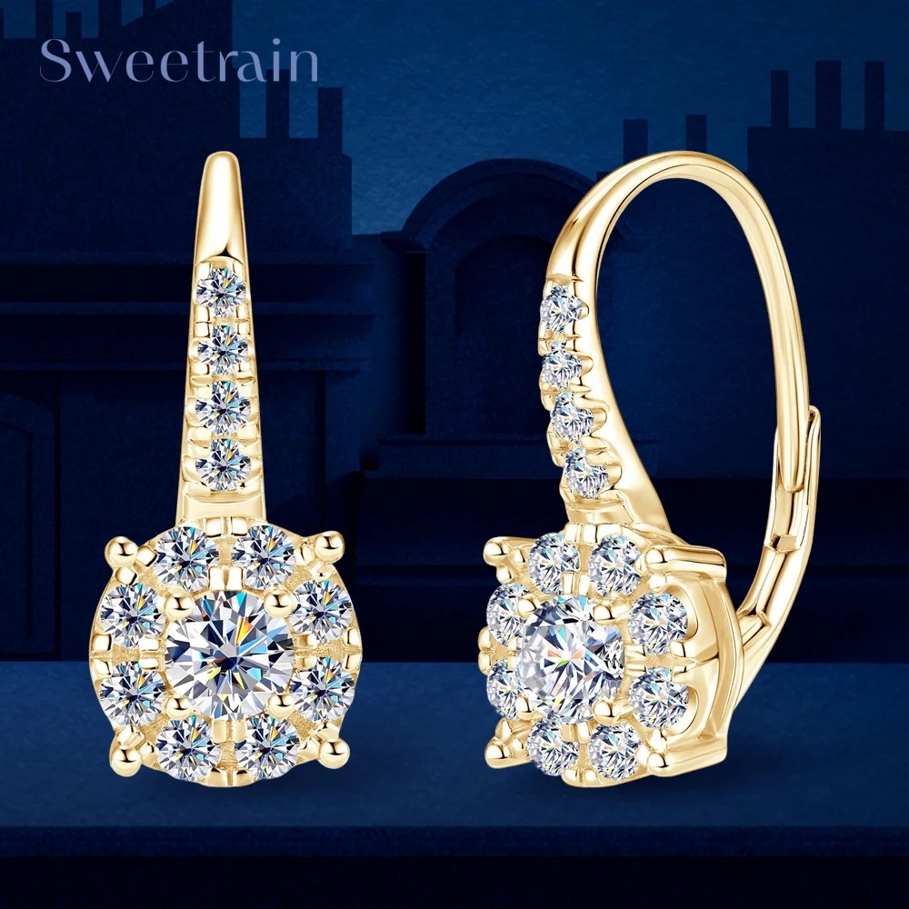 

Серьги-кольца Sweetrain с муассанитом, полностью инкрустированные бриллиантами, круглая огранка, сверкающие женские серьги, покрытие из серебра 925 пробы с позолотой 18 карат