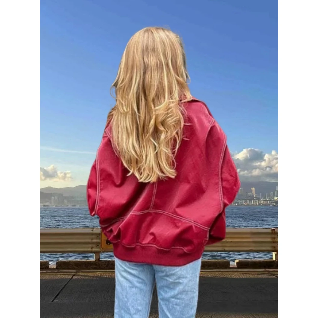 

Street Sle Spor Red And Bla Loose Fit Women's Jaet Autumn Winter Faion High End Feel Polyester Long Sve Zipper