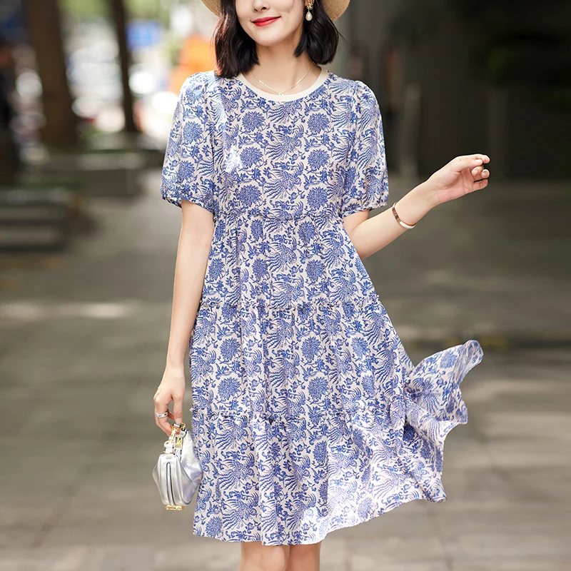 100% Real Silk Women's Vintage Print Dress 2024 Summer Short Sleeve Elegant Fashion Dresses For Women High Waist Casual Dress