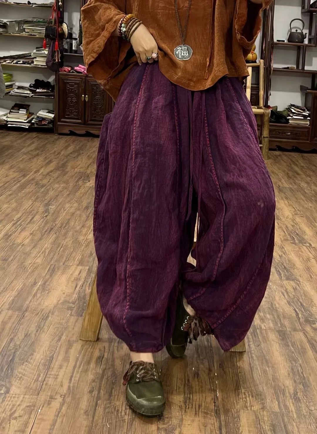 

Ретро-брюки в стиле кэжуал для женщин: леггинсы с высокой талией, свободного кроя, винтажные, из льна, с пэчворком, весенняя новинка