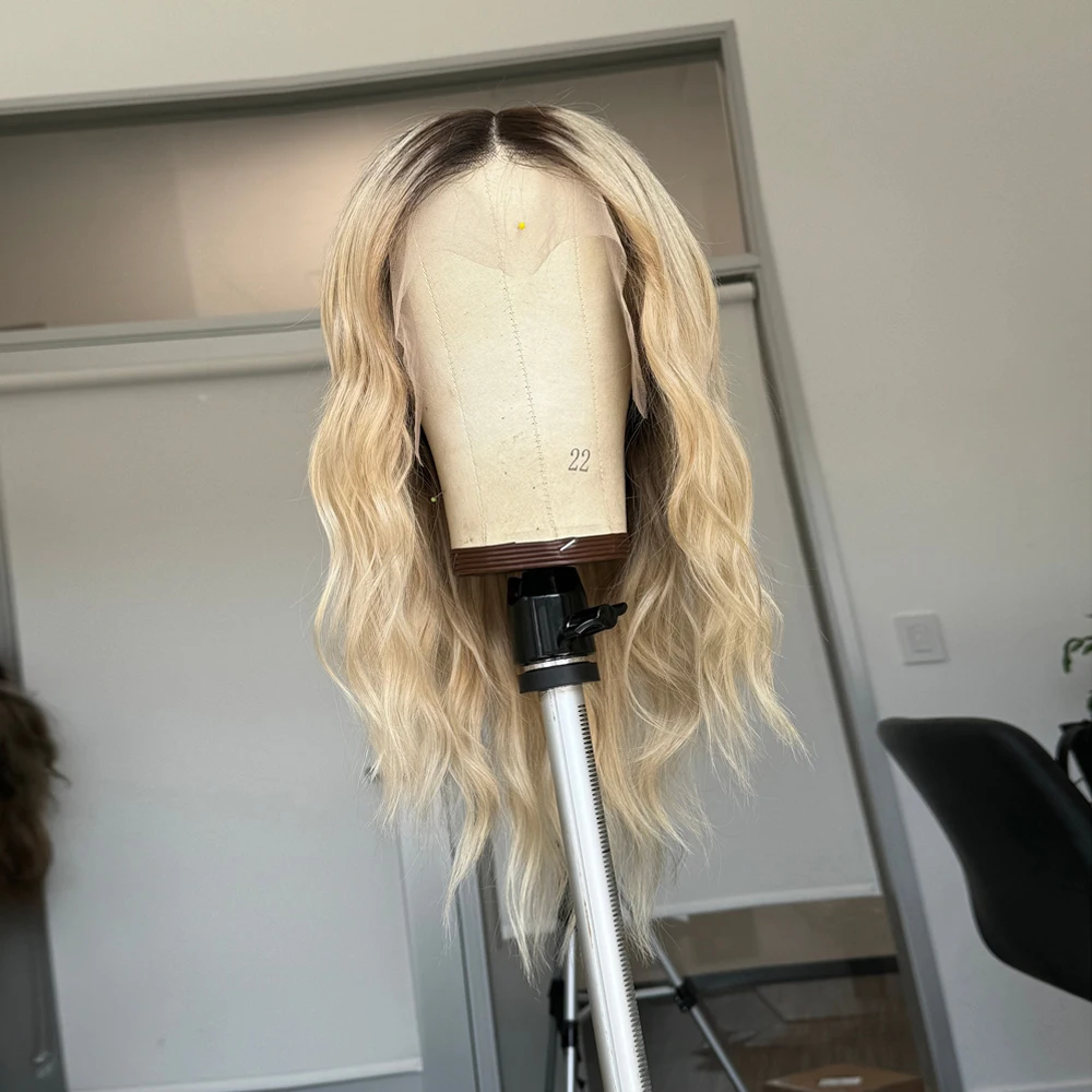 

13x4 Lace Frontal Wig Synthetic Hair 18 Inch Platinum Blonde Water Wave Wig Long Layers Lightest Golden Rooted Wig for Women