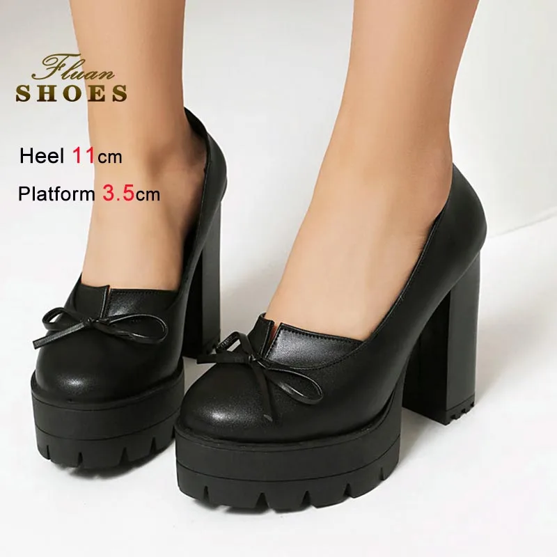 

Модные весенне-осенние туфли на одинарной платформе, женская обувь на очень высоком каблуке, черные женские туфли-лодочки на толстом каблуке с бантом и неглубоким носком