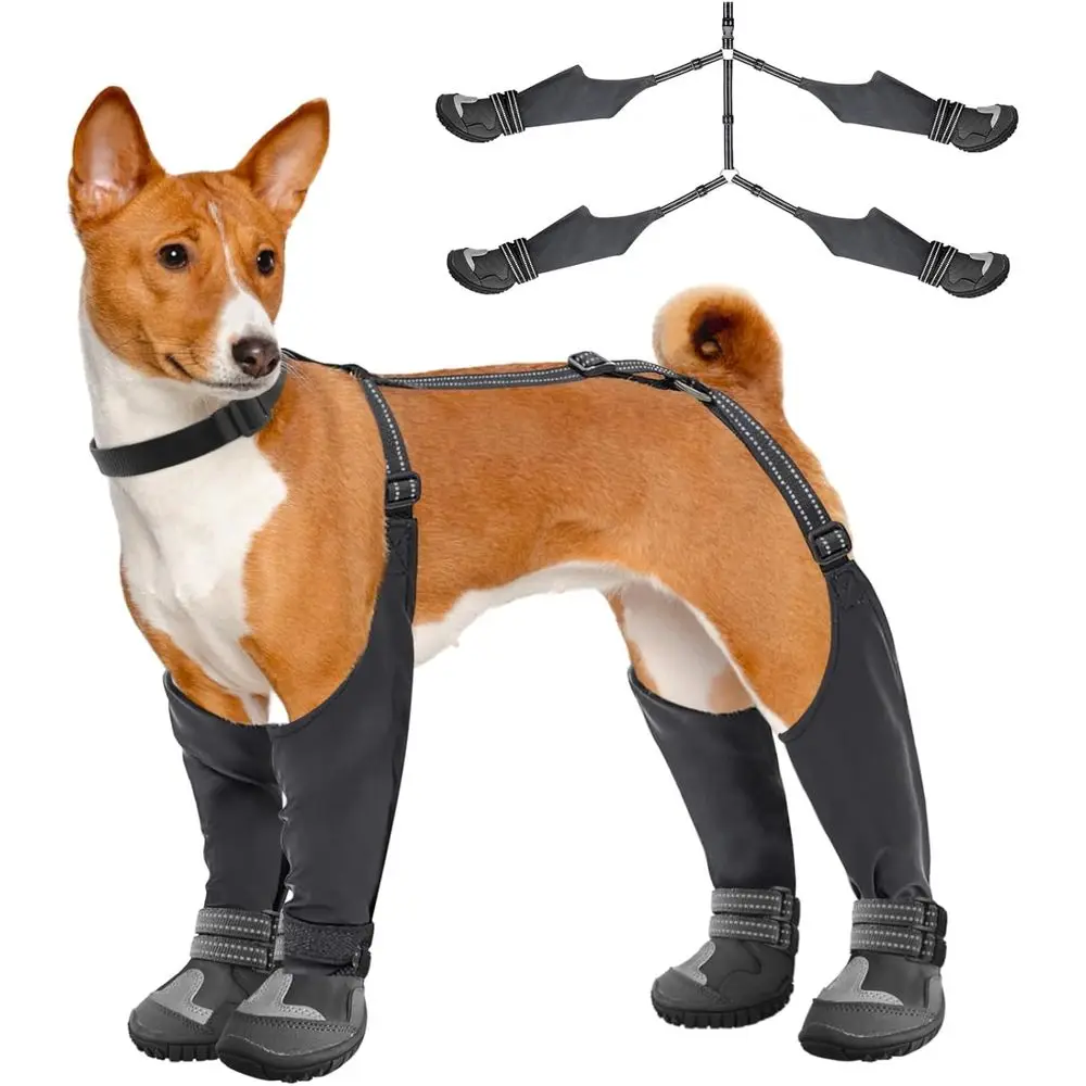

Anti-Slip Waterproof Dog Boots with Adjustable Suspenders, Ideal for Winter Hiking and Rain Protection (Black, Size 7)