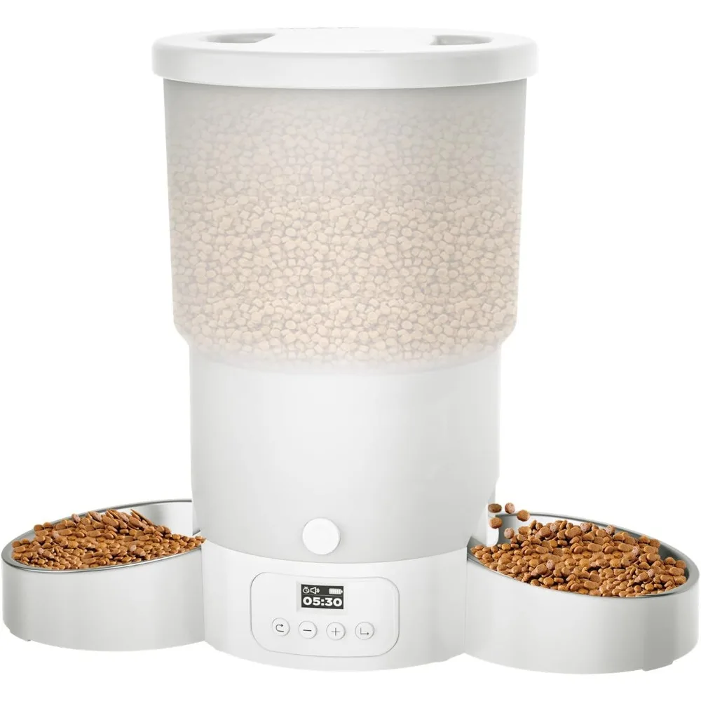

5L Automatic Cat Feeder for 2 Cats, Programmable 1-6 Meals Cat Food Dispenser with Stainless Steel Bowl, Easy Setup, Dual Power