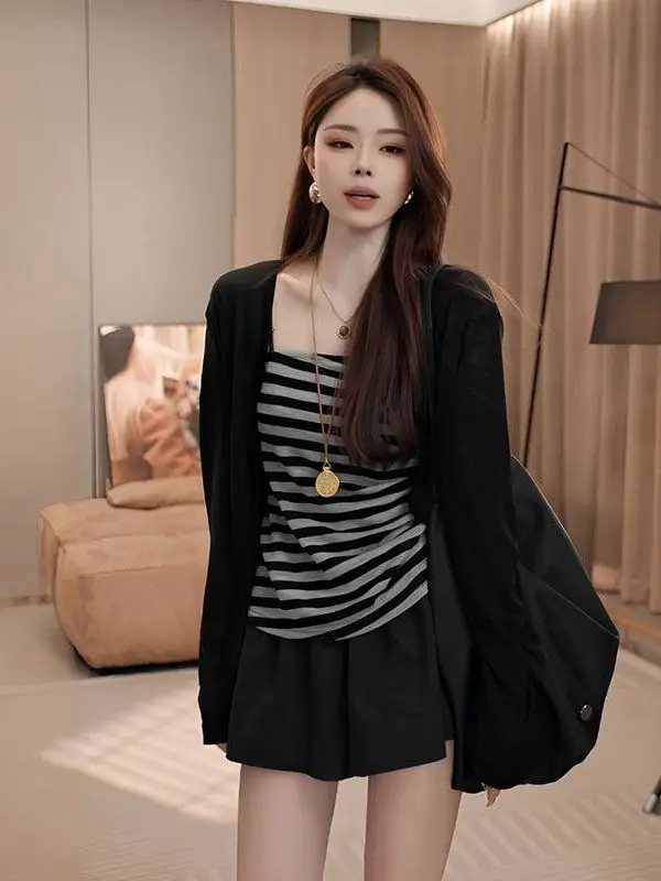 

Slim Fit Stripe Color Block Wrap Cardigan And Crop Top Set Women's Fashion Spring Autumn Wearable Long Sleeve Casual Style