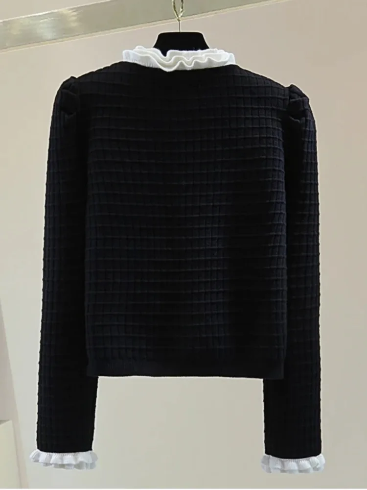 Cárdigan de punto con manga de burbuja para mujer, suéter con botones de flores, abrigos cortos de punto elegantes de Color contrastante, alta calidad, otoño