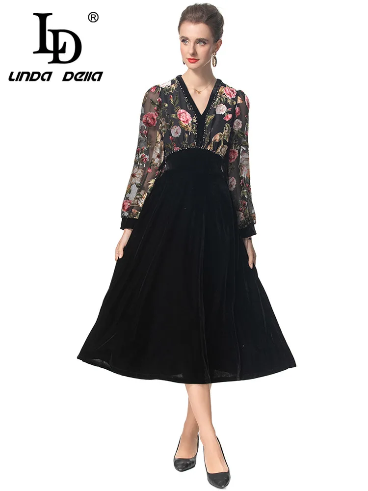 LD LINDA DELLA Women\'s Fashion Commuter Dress Long Sleeved High waist Beading Slim V-neck Floral-Print S-4XL Dresses