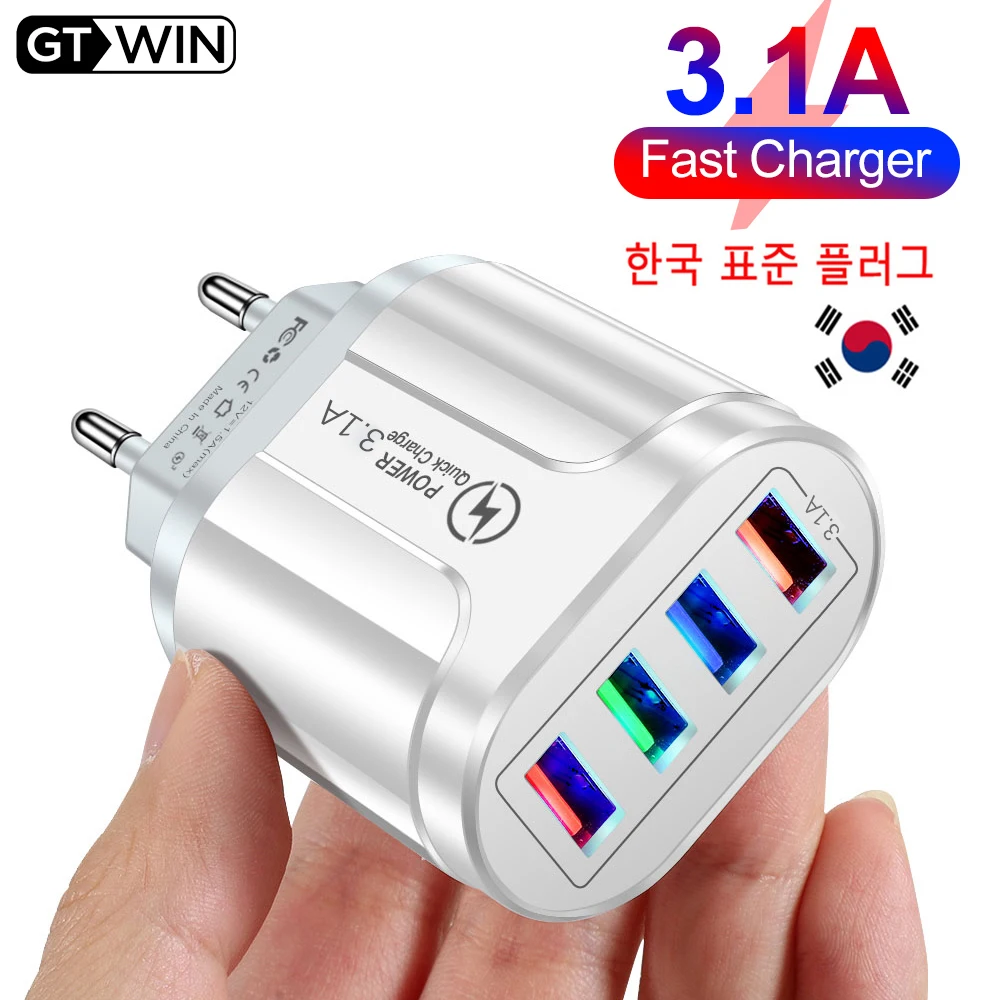 3.1A 4 Ports USB Travel Charger Fast Charging QC 3.0 Wall Charge For iPhone 14 13 Samsung Xiaomi Mobile KR Plug Charging Adapter