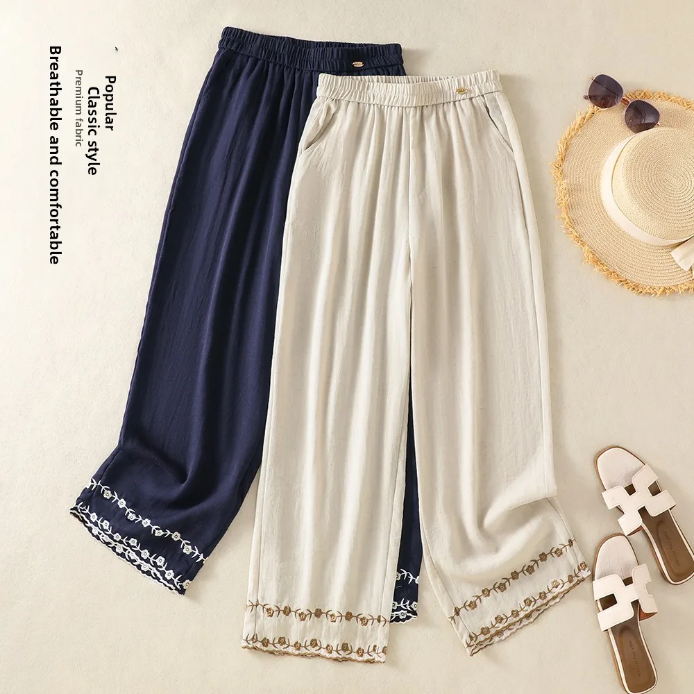 Linen Wide Leg Pants Women Summer Thin New Loose Nine Points Casual Pants Lightweight Embroidered Straight Leg Soft