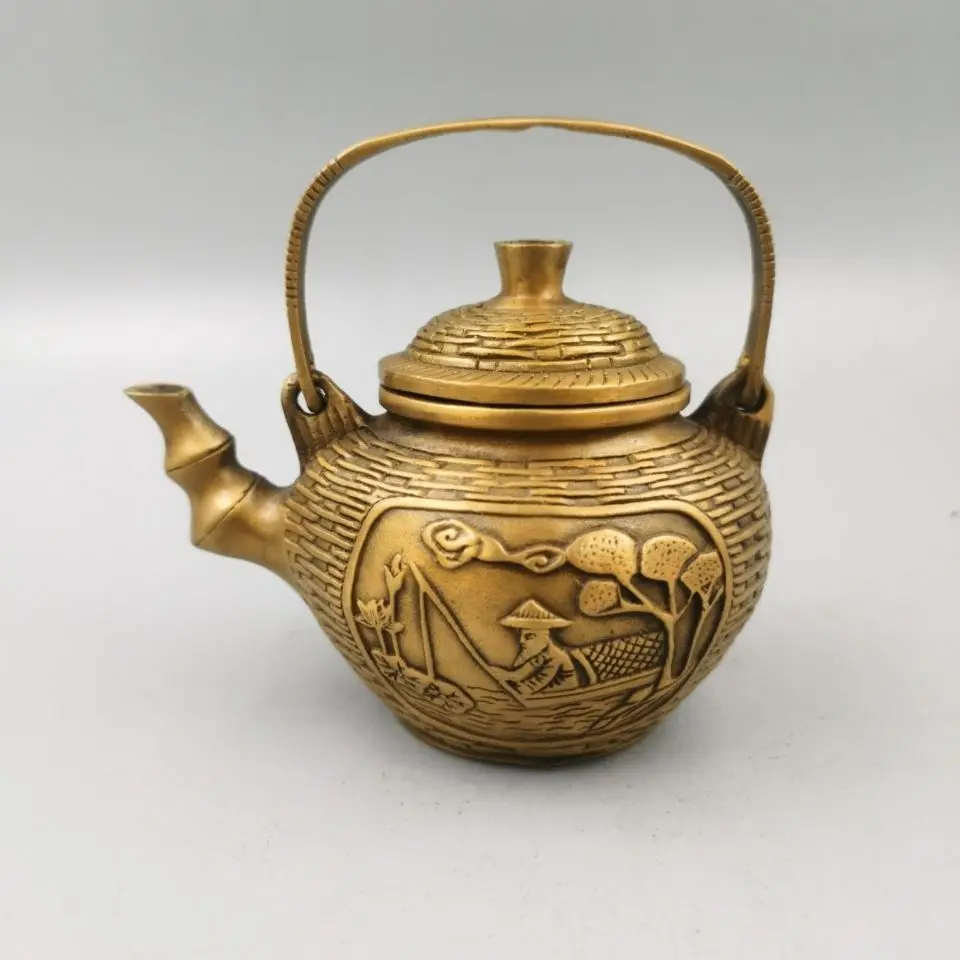 Retro Fisherman's bamboo weaving Teapot Ornament Decoration Tea Pet Figurines Desk Decor Accessories
