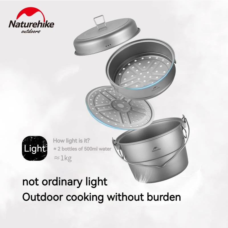 Naturehike Titanium Hanging Pot Set Cookware Camping Kitchenware with Lid Steam Rack Food Steamer Cooker Stew Boil Lightweight