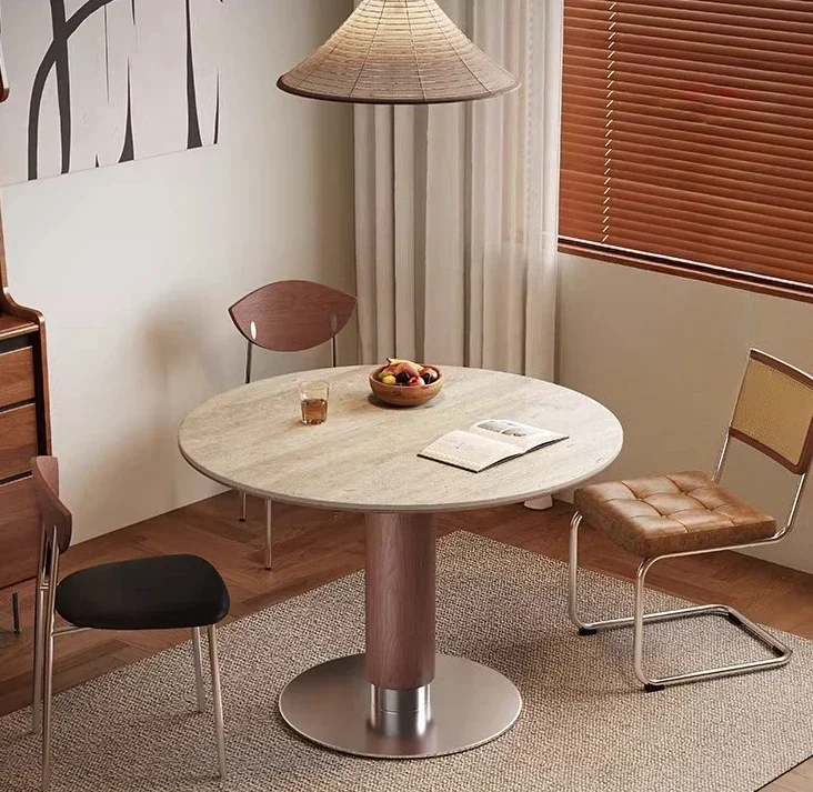 

Solid wood dining table Round household modern simple travertine rock slab dining table