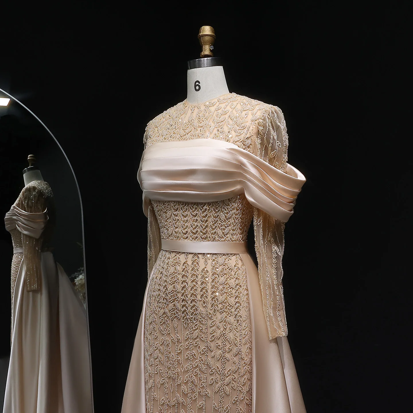 Sharon Said Luxus Langarm Meerjungfrau Abendkleid Plissee Off Schulter Satin Zug Frauen Party Prom Kleid SS253 Angepasst