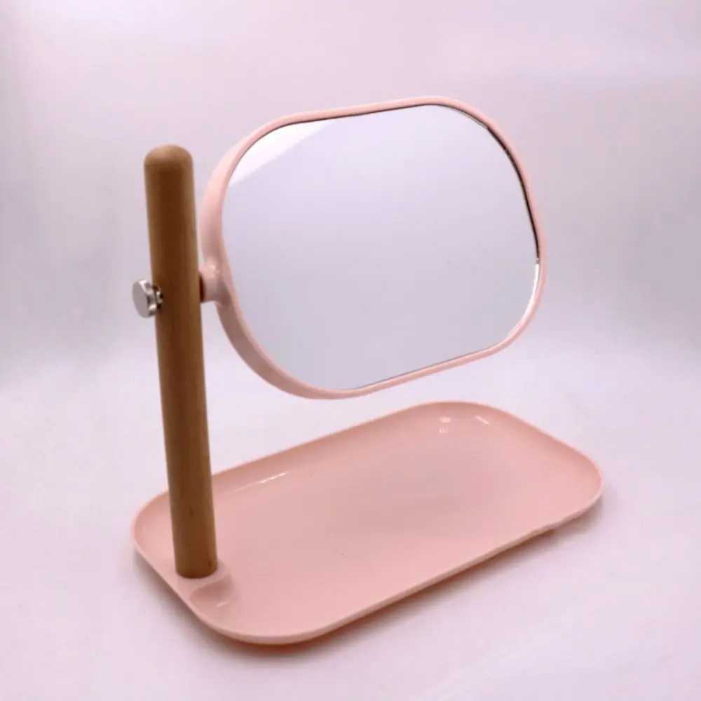 Double Sides Desktop Makeup Mirror with Storage Tray Wood Stand Vanity Cosmetic Mirror Oval/Round Rotating Table Dressing Mirror