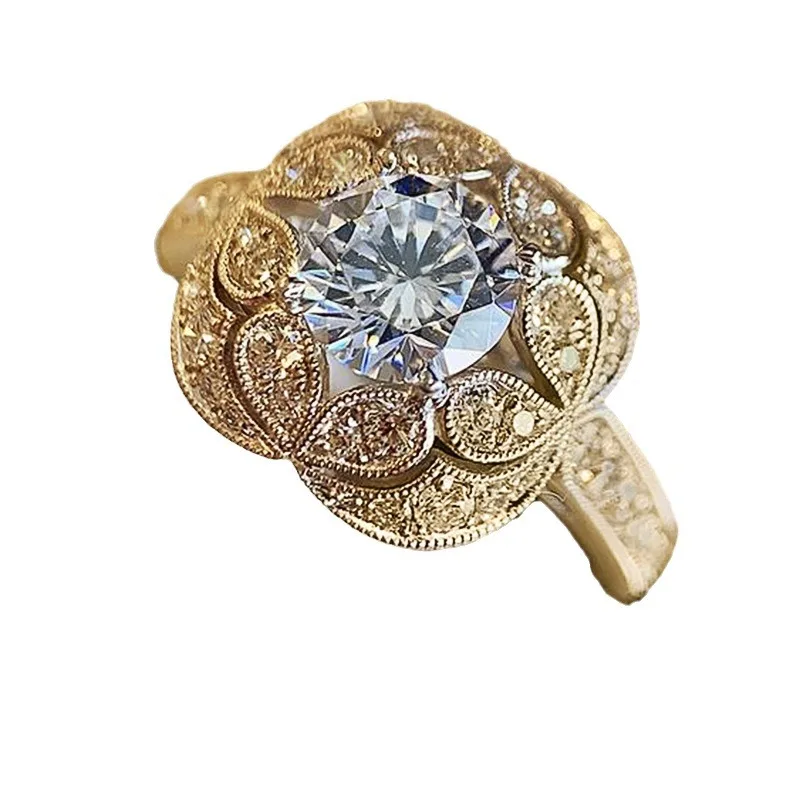 Fashion Guochao ethnic style jewelry, retro flowers, exquisite flower round zircon women\'s ring