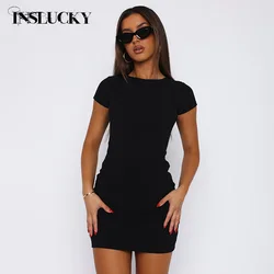 InsLucky-Summer O Neck Short Sleeve Slim Dress For Women Solid Black Bodycon Basic Mini Dresses Fashion Office Lady Daily Wear