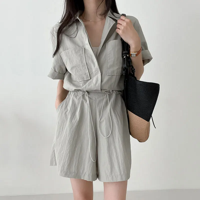 Chic Summer Vintage Women's Romper Wide Leg Drawstring Waist High Waist Pocket Design Casual Comfortable One-Piece Suit