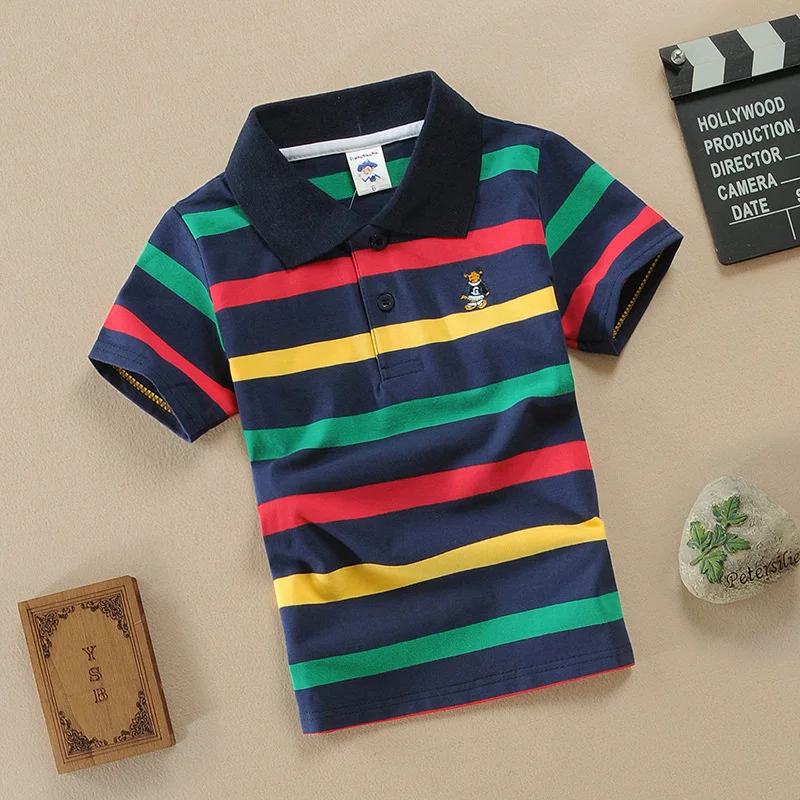 T-shirt For Boys Summer Children Short Sleeve Stripe Tees Cartoon Bear Embroidery Tops Teens Breathable Polo Shirt Kids Clothing