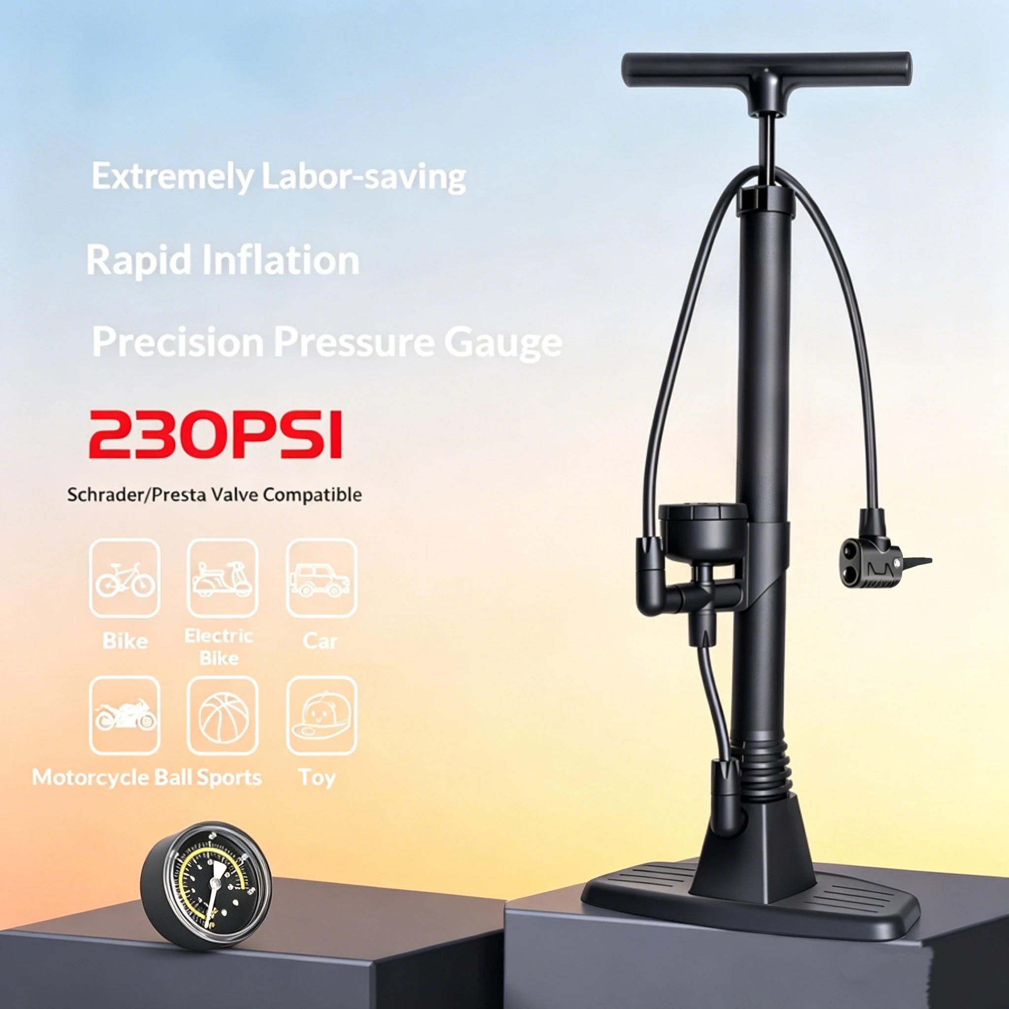 OFFBONDAGE 230PSI Fahrrad-Bodenpumpe, arbeitssparend, tragbar, mit Manometer, für amerikanische, französische, britische Luftdüsen