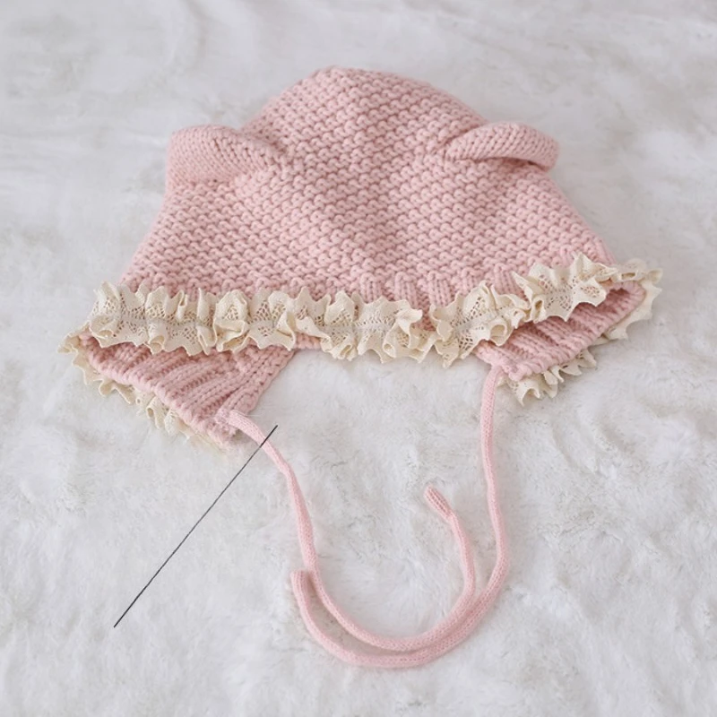 ロリータ ソフトガール 日本製 手作り帽子 ニット帽 レディース 秋冬 フレンチレース 暖かい帽子