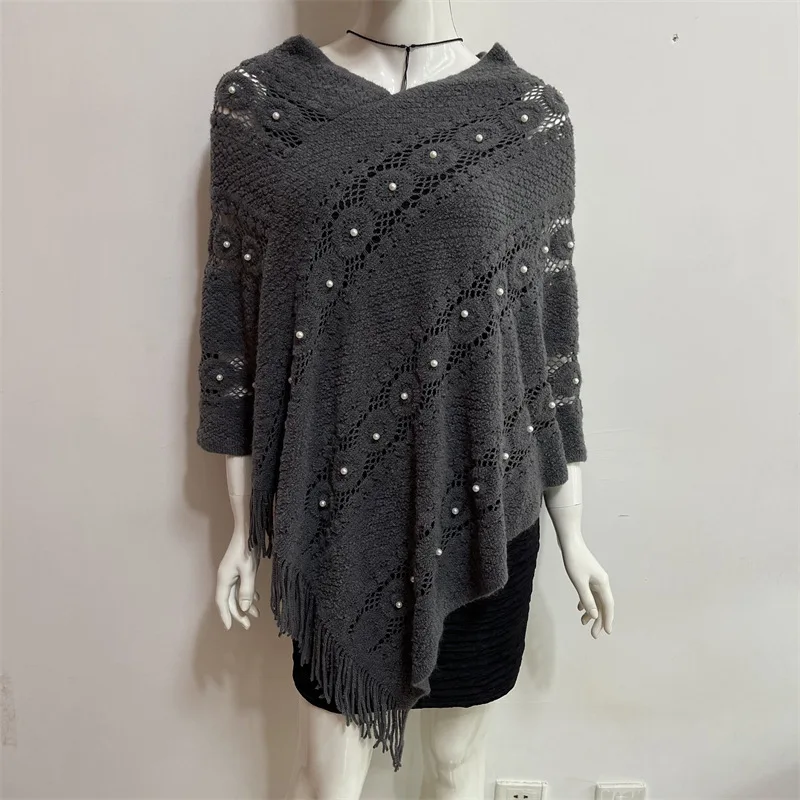 

European American Women Hollowed Out Spring Season New Lazy Wind Pullover V-neck Tassel Nail Bead Lady Cloak Sweater Gray