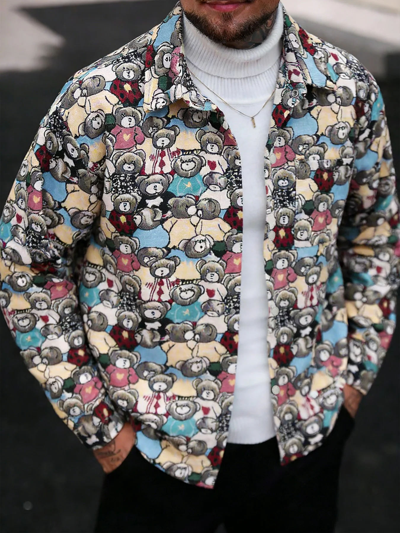 Men's Spring and Autumn Full-Print Cartoon Panda Jacquard Collared Work Jacket, Fashionable, Versatile, Commuter Casual Jacket
