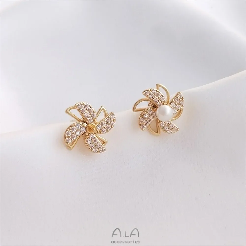 

Rotatable windmill ear stud pearl holder 925 silver needle DIY exquisite temperament earrings high sense light luxury earrings