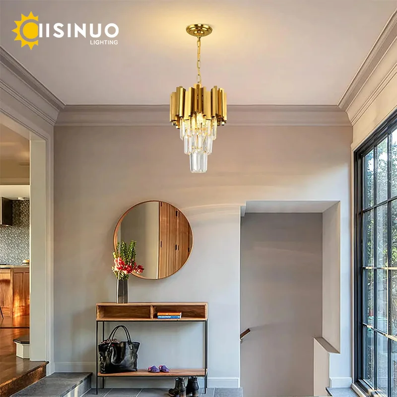 Modern Golden Circular Crystal Pendant Light D30cm Adjustable Height Ceiling Light for Living Room Dining Room Hotel Lobby Decor