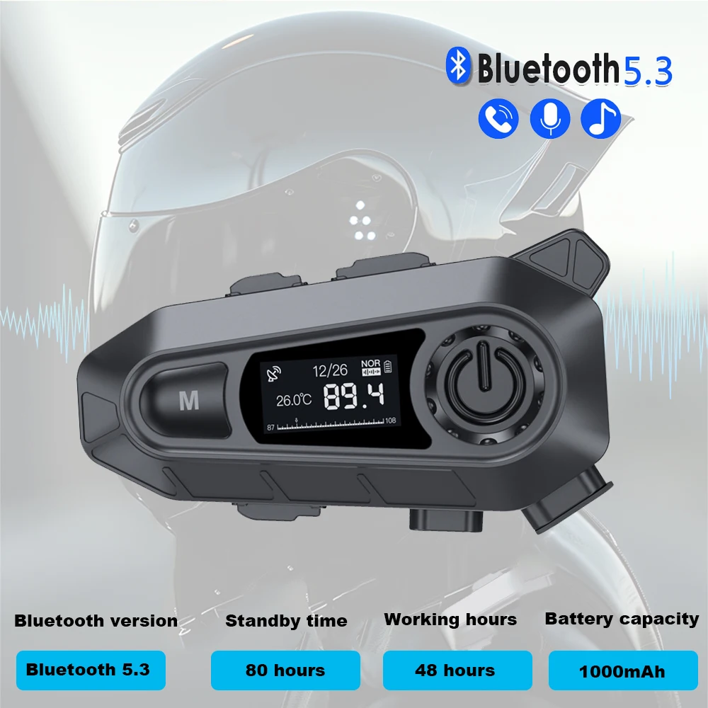 Motorcycle Helmet Headset BT5.3 Wireless Handfree Call Waterproof Moto Headphone with FM Radio Music Share LED Display For Rider