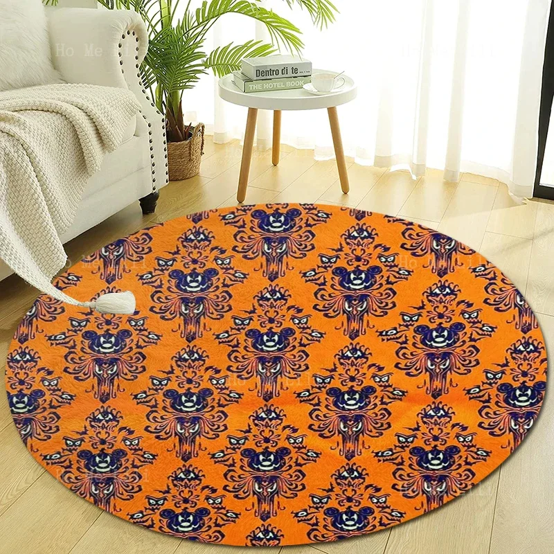 Seamless Skull And Bone Style Ghost Manor Halloween Haunted House Pattern Non Slip Flannel Round Floor Mat