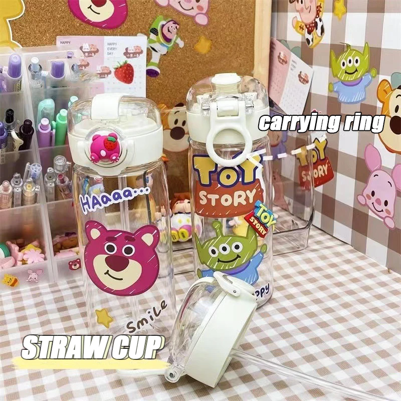 Disney The Pooh Cartoon Straw Cup, Morango, Winnie, Olhos Grandes, Portátil, Adesivo DIY, Prático, Menina, Bonito, Transparente, Espaço