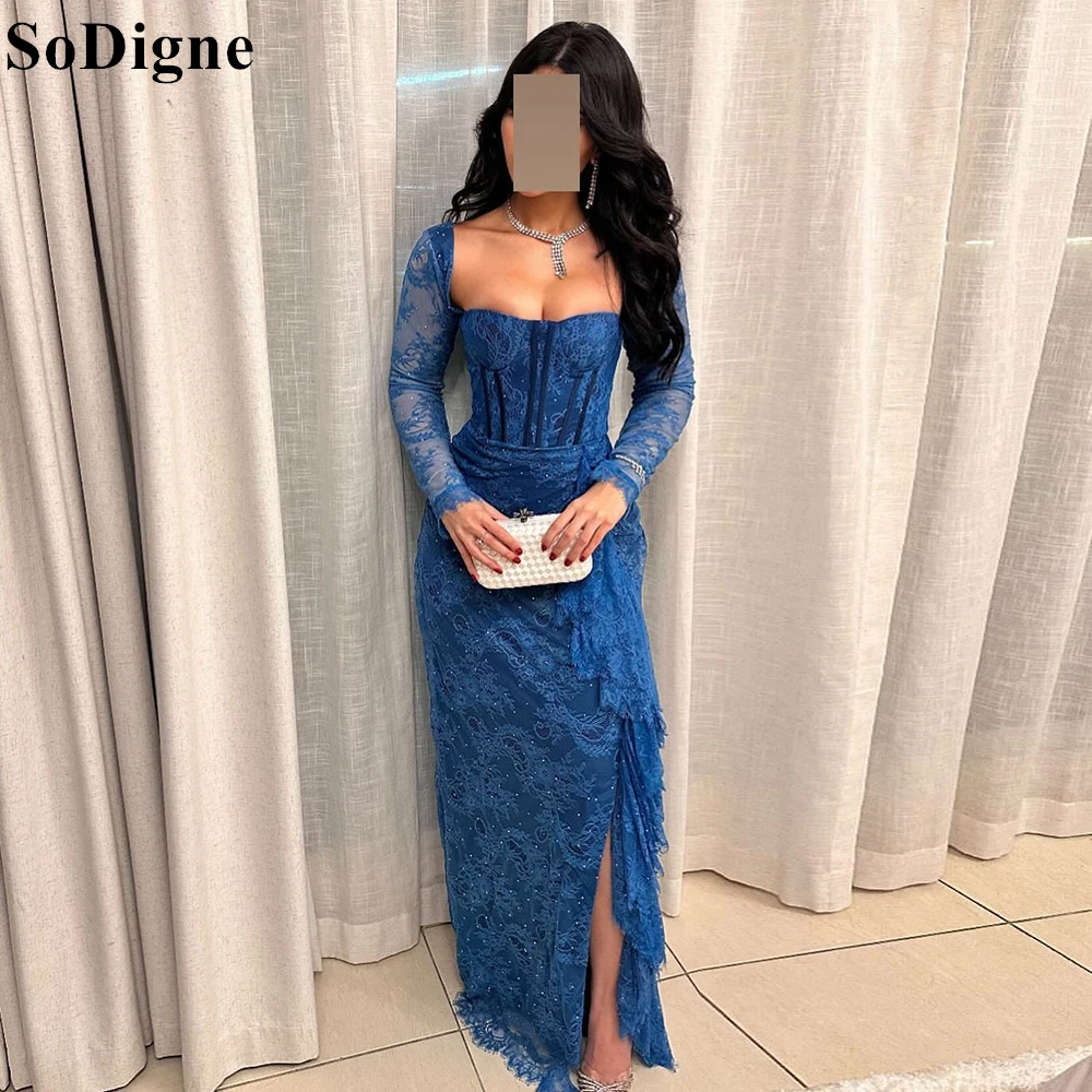 

SoDigne Elegant Blue Lace Evening Dresses Mermaid Strapless Long Sleeves Side Slit Party Dress 2025 Formal Prom Gowns Customized