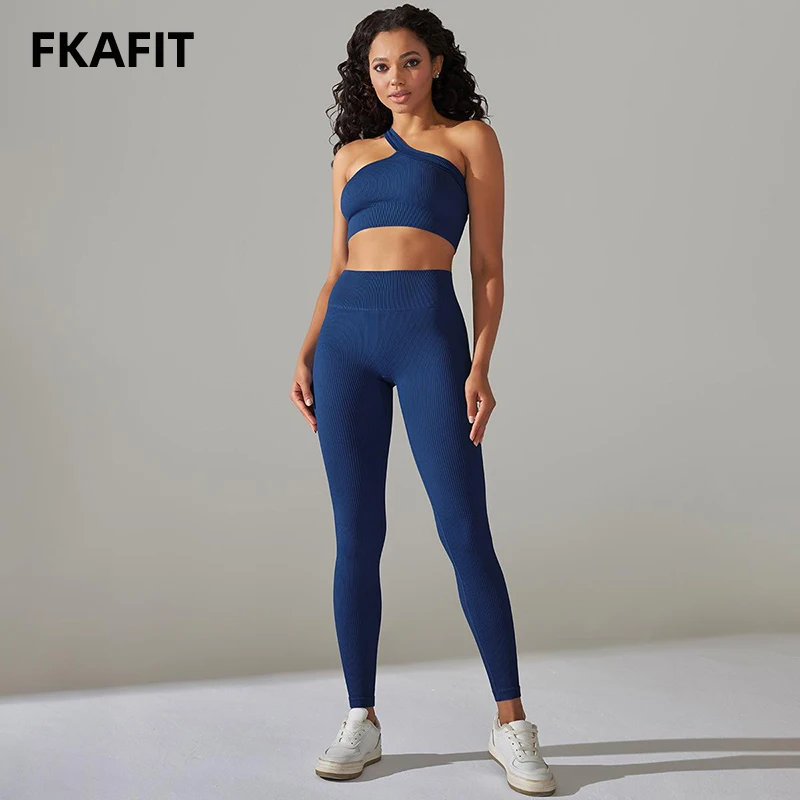 Sexy Gym Sportswear Set One Shoulder Crop Top High Waist Leggings Ribbed Two Piece Set Workout Clothes For Women Yoga Wear