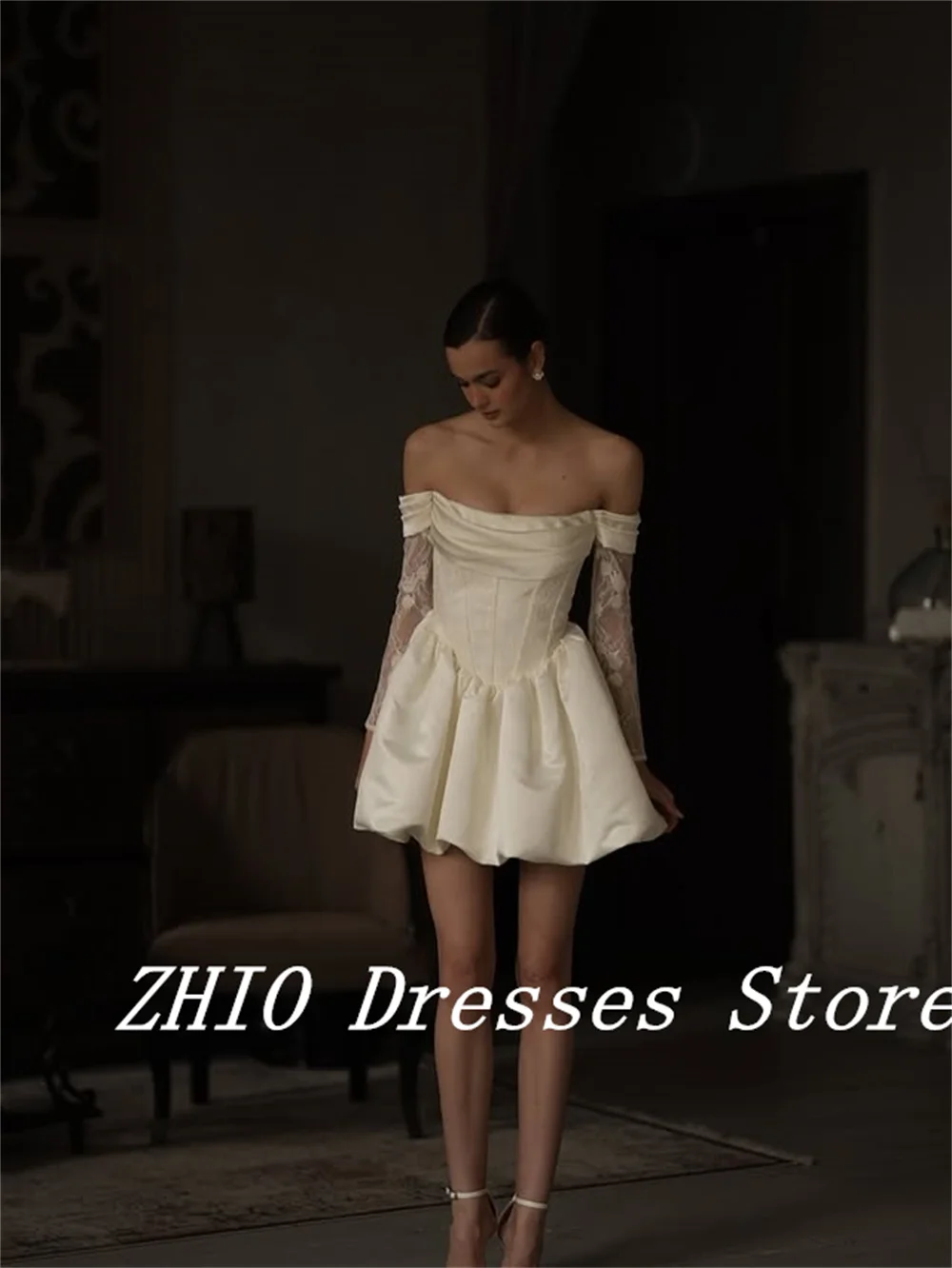 ZHIO exquis blanc Mini a-ligne robe de mariée sans bretelles dentelle manches vestidos de novia Satin robes de mariée personnalisé Marige