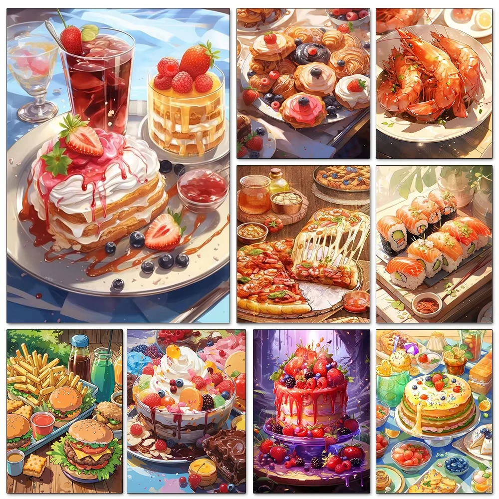 DIY Sweet Dessert Seafood Diamond Painting, Pancake Cake Sushi Burger Gourmet Picture For Living Room Home Wall Decoration Gift