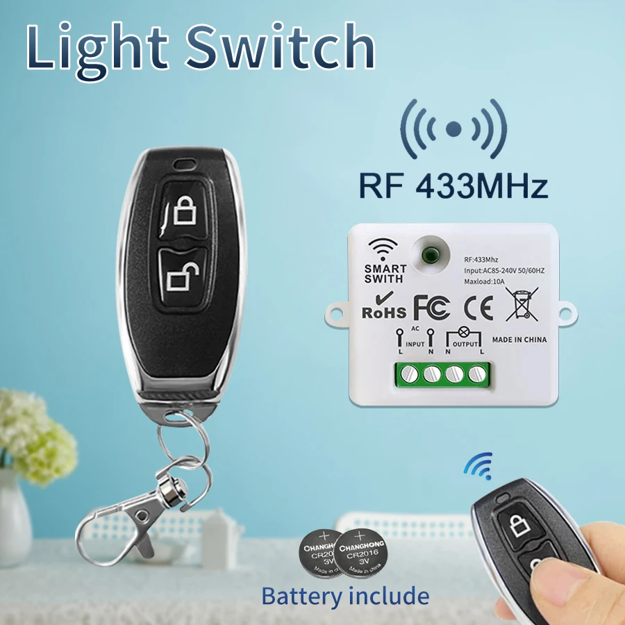 Wireless RF433MHz Light Switch Remote Control 100-240V 10A Relay Receiver On Off Key Transmitter Switch LED Lighting DIY Control