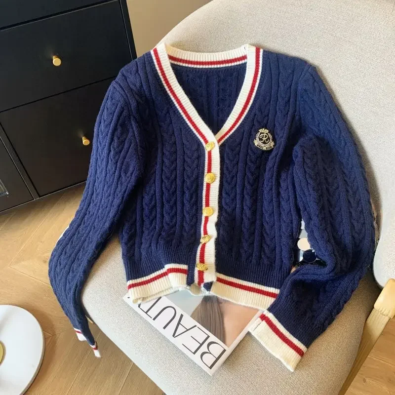 HOUZHOU-cárdigan de punto estilo Preppy Y2k para mujer, Jersey de punto informal Vintage con cuello en V, suéter Kpop para otoño e invierno, abrigo estético