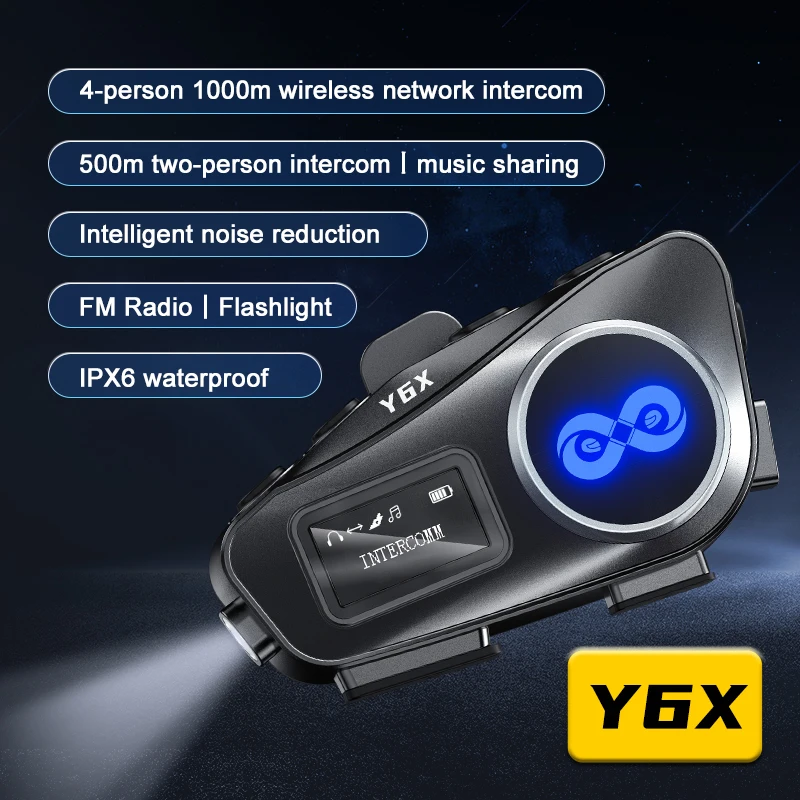 

​​Motorcycle Helmet Bluetooth Headset AI Voice Control 4 Rider 1000m Intercom Waterproof Noise Cancellation LED Night Lighting