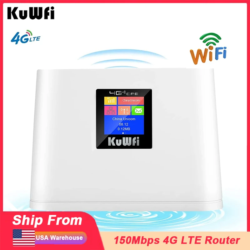 KuWFi 4G LTE Router 150Mbps Wireless Wifi Hotspot WAN LAN RJ45 Port with SIM Card Slot Built-in Antenna LCD Display for Home