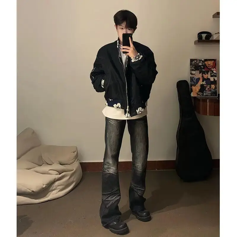 

American High Street Design Casual Loose Fit Jaet Retro Sle ex Trendy Outerwear Polyester Stand Fit Youth Faion